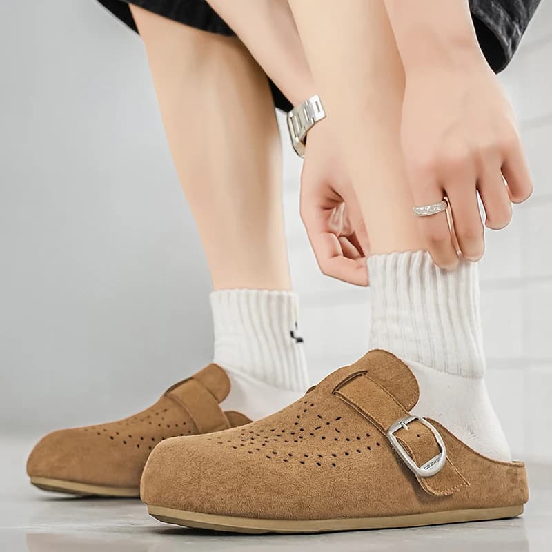 American Retro Style Men's Comfortable Breathable Slip-On Sandals with Buckle Design Hollow Out Casual Slippers for Spring Su...
