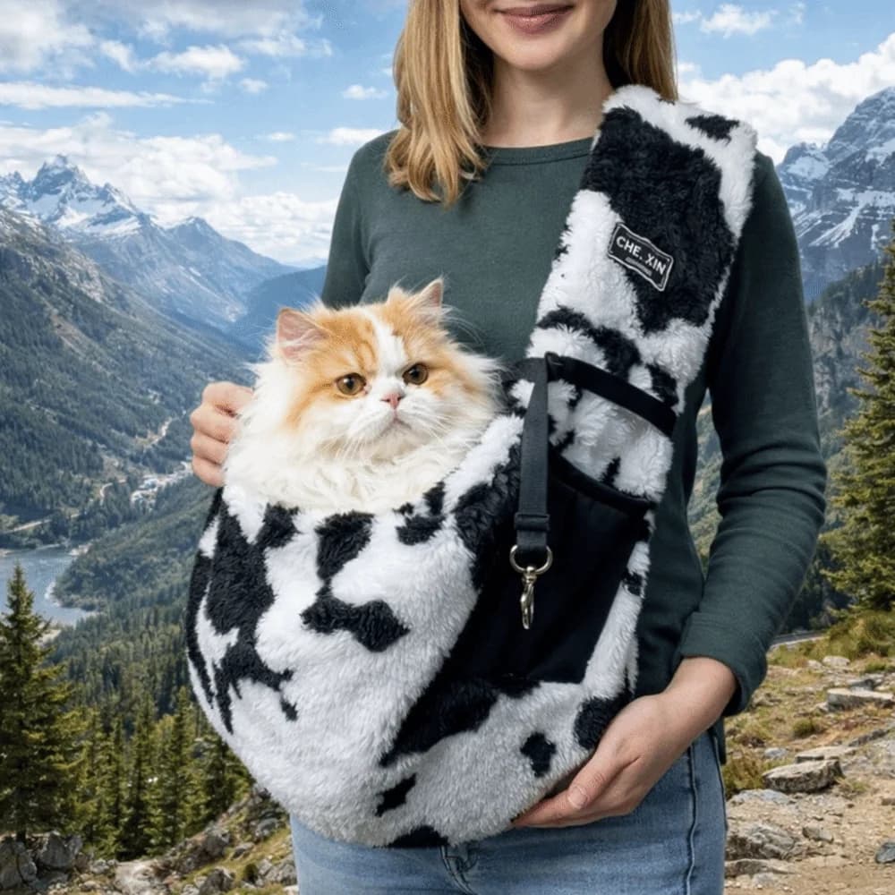 Borsa da trasporto portatile in peluche per animali domestici, modello mucca calda, borsa da esterno per animali domestici, comoda borsa a tracolla per cani e gatti