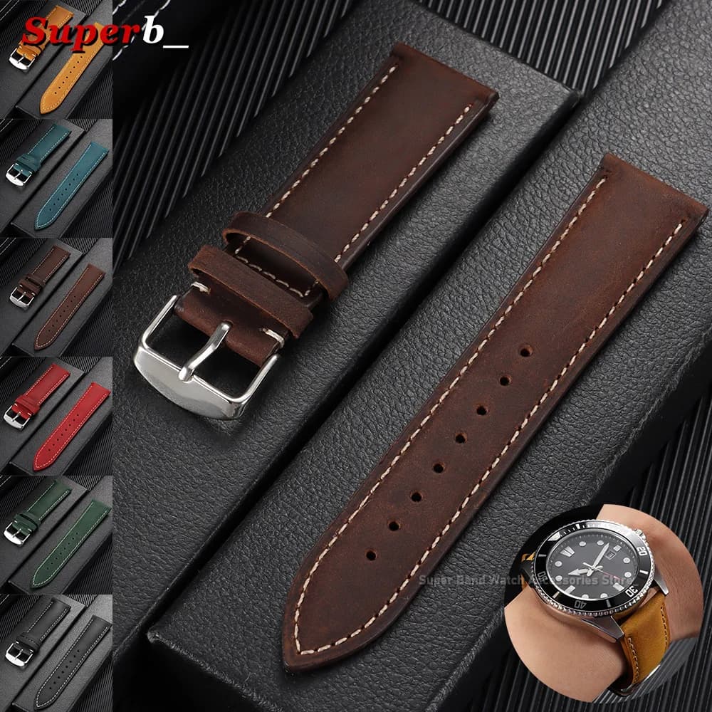 20mm 22mm Watchband Genuine Calfskin Watch Strap Repalcement Belt Vintage Brown Blue Black Green Strap Bracelet for Men Women