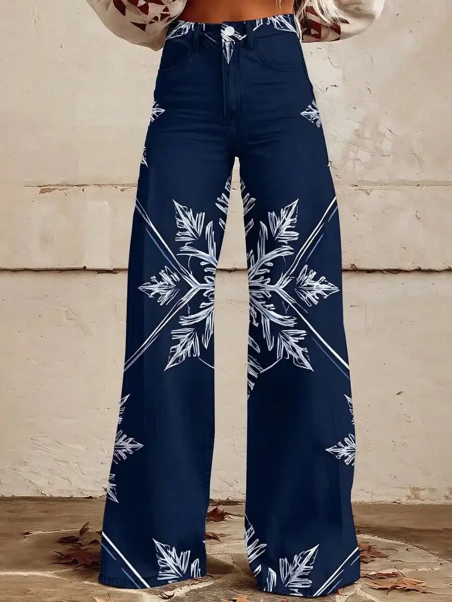 Elegant Snowflake Print Wide Leg Jeans For Women Plus Size