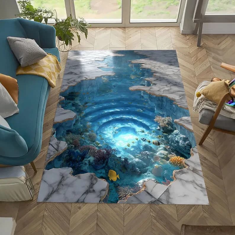 3D Underwater Rug, Huge Crack Carpet, Huge Crack Rug Looking Carpet 3D Looking Rug Optical Illusion Carpet, Optical Illusion Rug