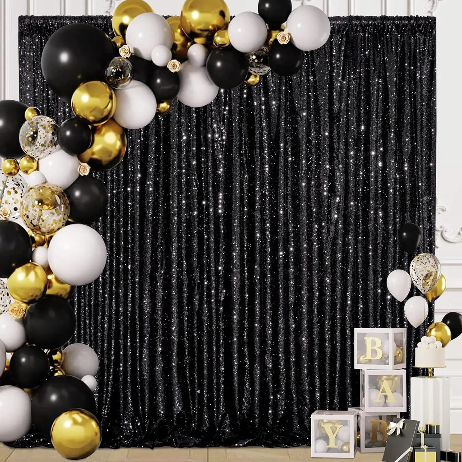 Background curtain with black sequins, wallpaper curtains for 2 pieces-8 feet x 8 feet for stage background for Halloween birthday parties