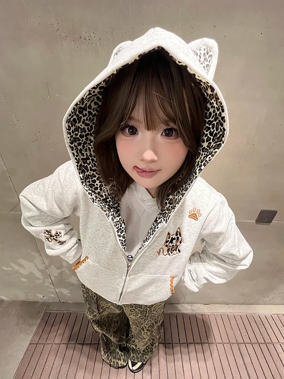 Retro American Leopard Print Hoodie Women's Loose Couple Grey Zipper Open Cardigan Jacket Autumn Winter New Style Streetwear