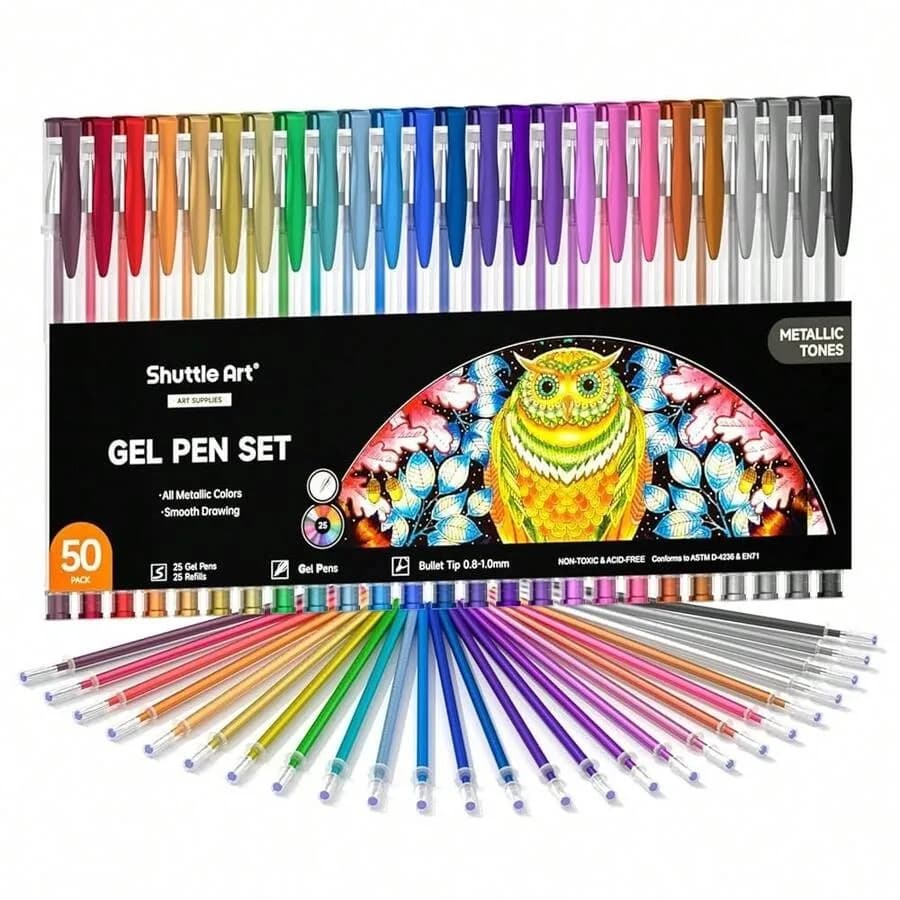Pack Metallic Gel Pens, 25 Metallic Gel Pens Set With 25 Refills Perfect For Adult Coloring Books Doodling Drawing Art Markers