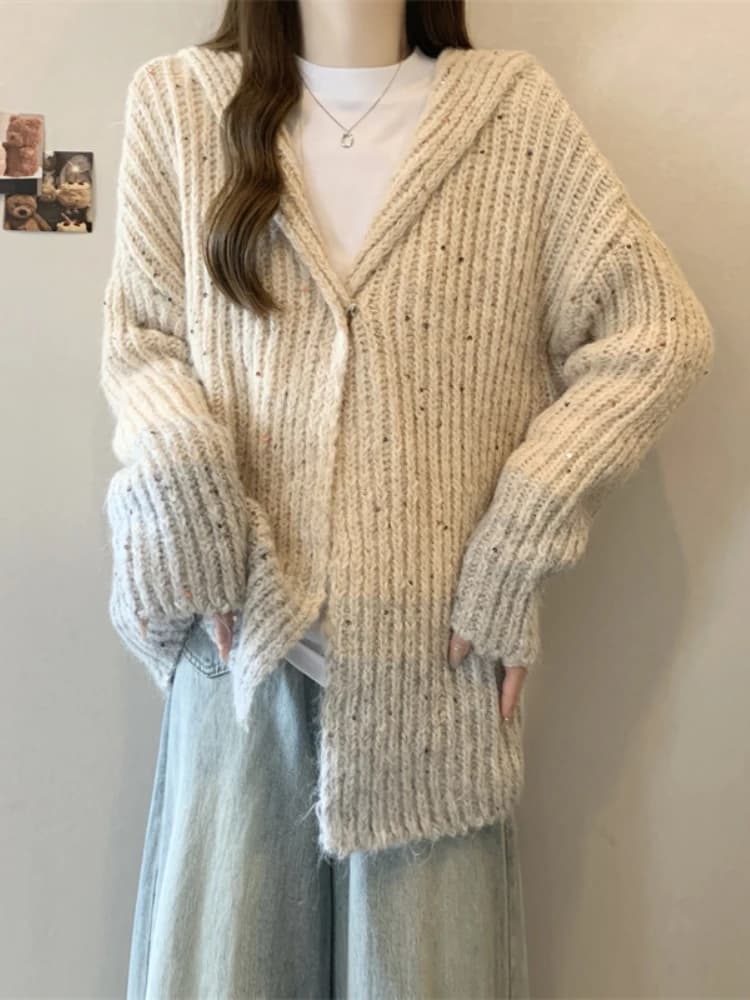 Loose Knitted Hoodie Jacket Women's Spring Autumn New plus Size Big MM Medium Length Outerwear Knitted Open Cardigan Top