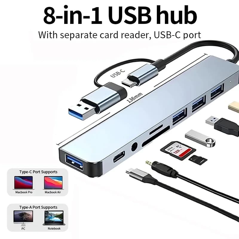 Hub USB Type-C 8 in 1, docking station Type-C, adattatore multiporta con jack da 3,5 mm e lettore di schede SD per computer, laptop e PC