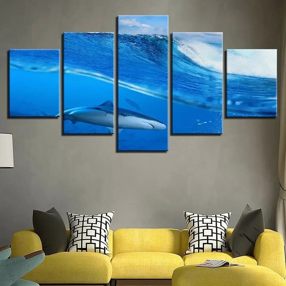 Frameless 5 Pieces On Blue Canvas Sea shark Deep Painting Artistic Printing Wall Decorations For Home HD Pictures Poster