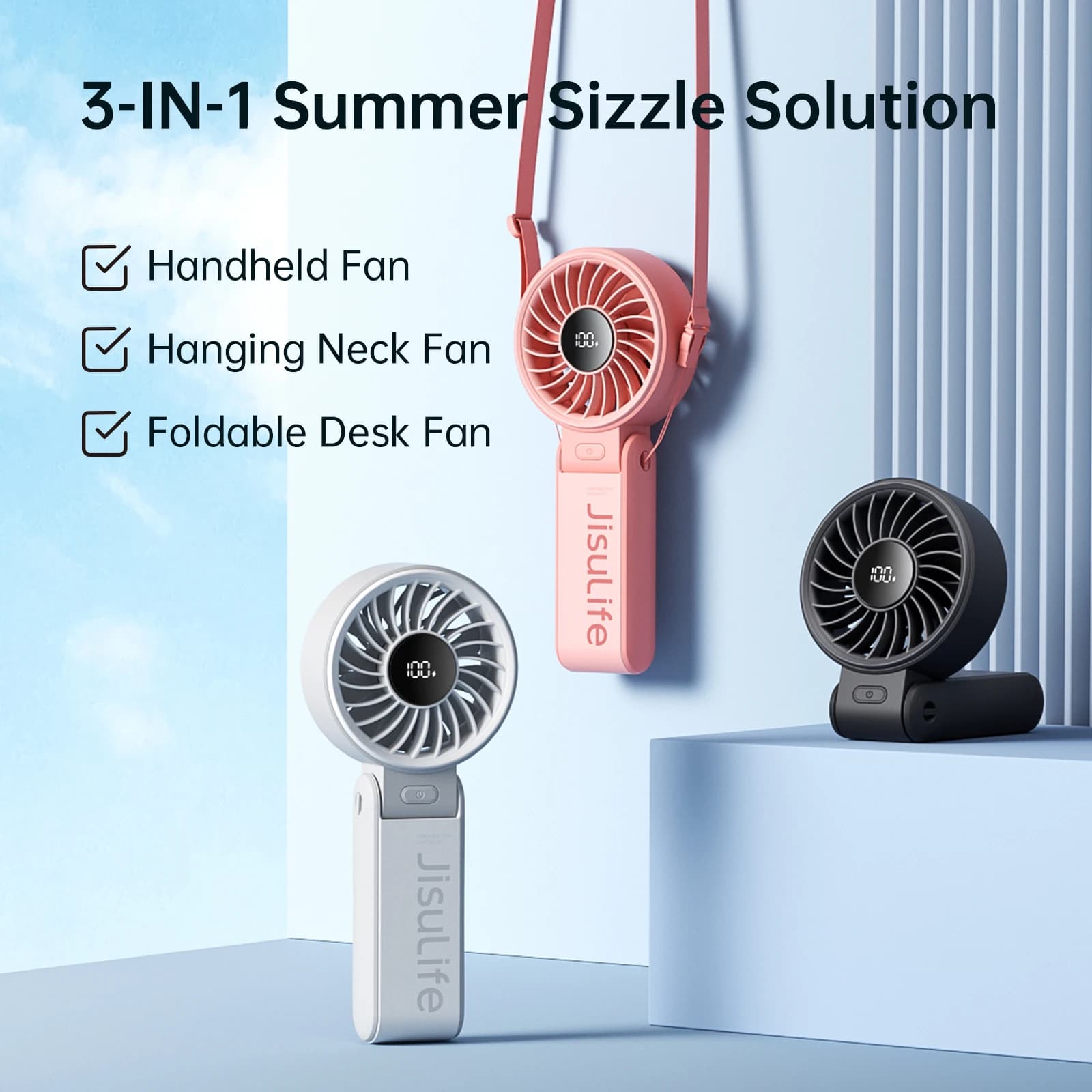 Ventilatore portatile JISULIFE con display LED, 5 velocità, 5000mAh, 150 ° Ventilatore Personale Multifunzione 3-IN-1 Pieghevole per Mano/Scrivania/Collo