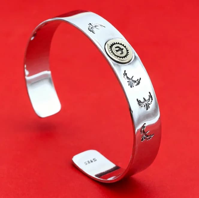 Bracciale in Argento Sterling 925 da Uomo, Stile Thai con Aquila, Apertura Larga, Bracciale in Argento da Donna Stile Etnico