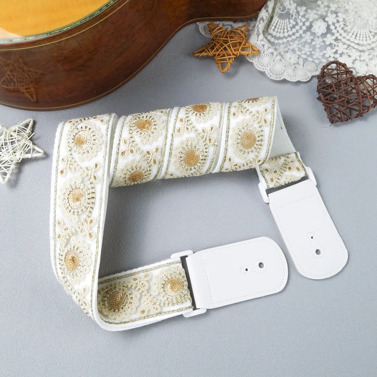 Tracolla per chitarra regolabile allargamento ispessimento cinture per chitarra in pizzo bianco per accessori per chitarra ukulele basso ricamato elettrico