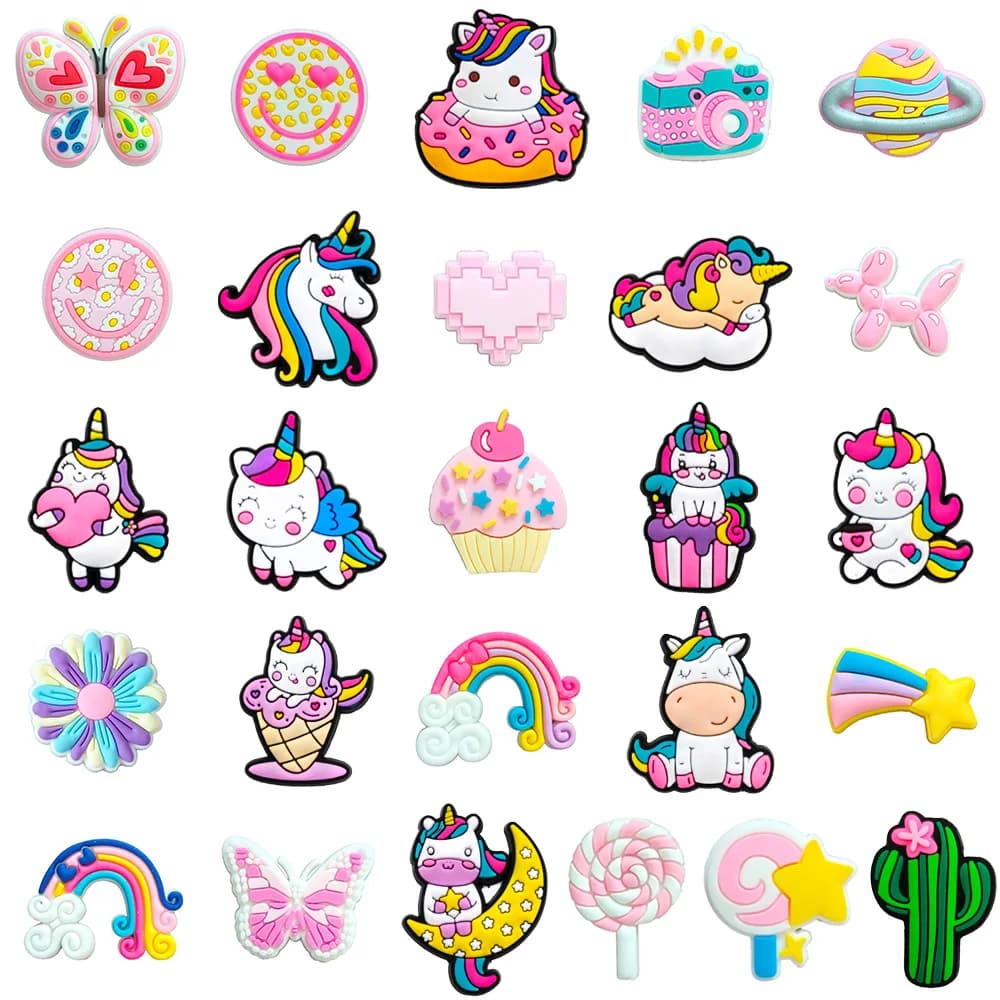 Unicorno Cartoon Cute Pink Cake Candy Rainbow Shoe Charms per zoccoli sandali decorazione fibbia per scarpe per regali di amici