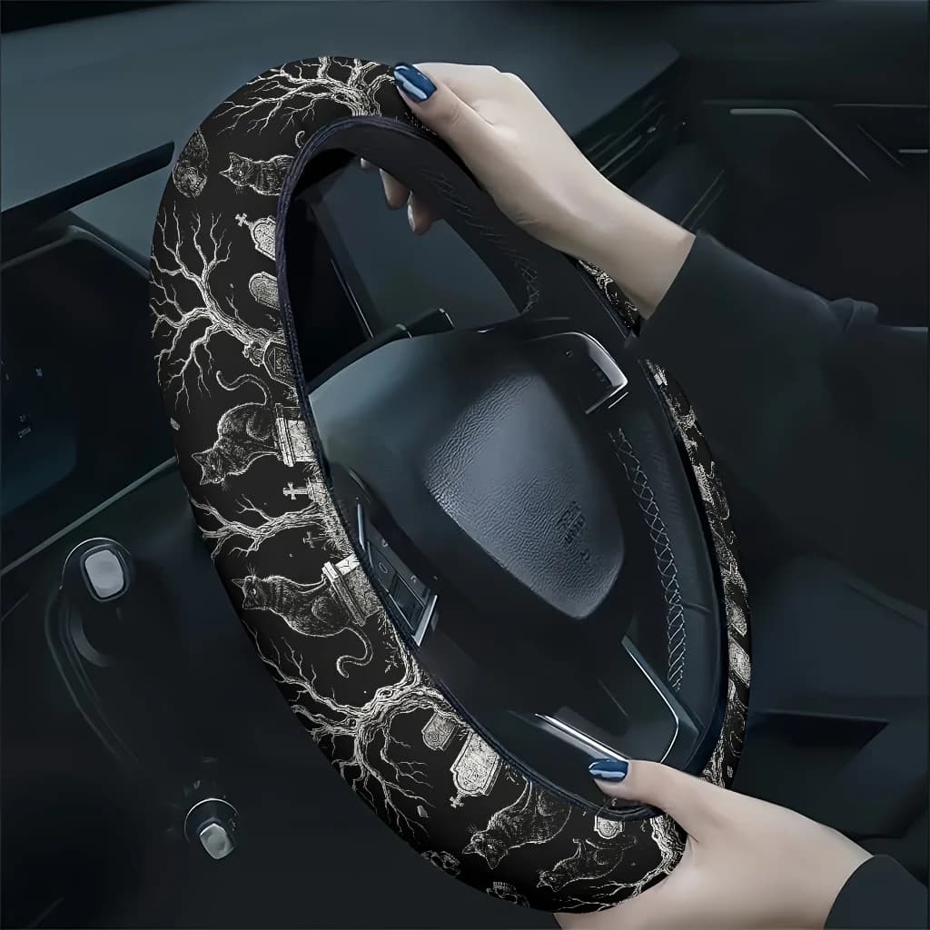 1pc Black Cat Cemetery Dead Tree Skull Night Scene Car Steering Wheel Cover, Soft And Breathable Texture, Relieves Hand