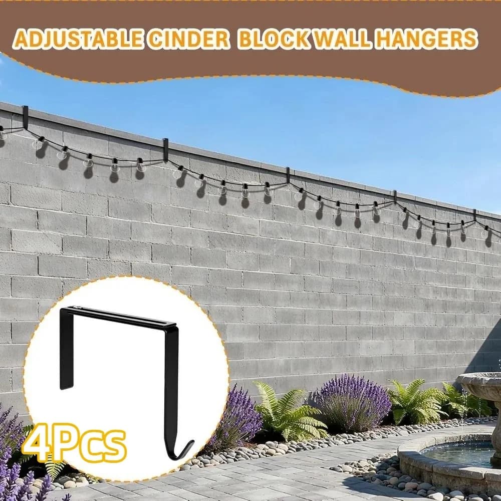 4Pcs Adjustable Block Wall Hangers Metal Black Outdoor Light String Hooks No Drill Rustproof String Light Hangers Cinder Block