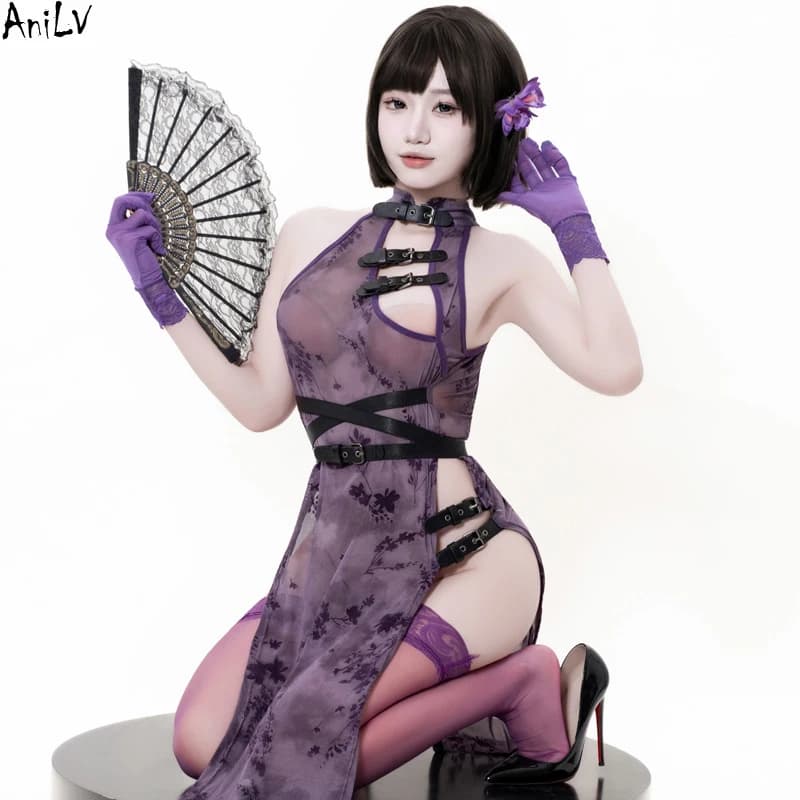 AniLV Sexy Perspective Cheongsam Lingerie Anime Heroine Combat Unifrom Chinese Chi-pao Dress Pajamas Erotic Costumes Cosplay