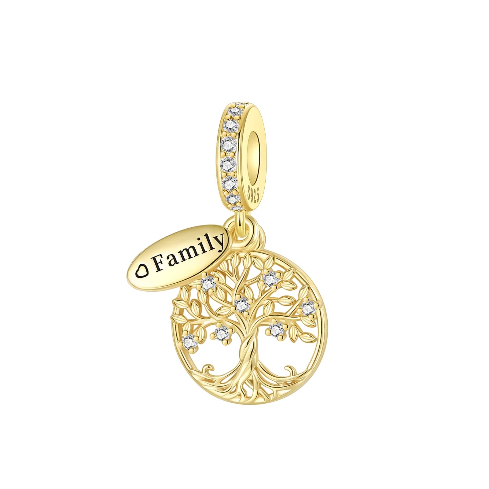 Ciondoli in argento sterling 925 Pendenti della famiglia dell'albero della vita dorato adatti ai braccialetti con diametro del foro di 4 mm Regali di gioielli fai da te pregiati