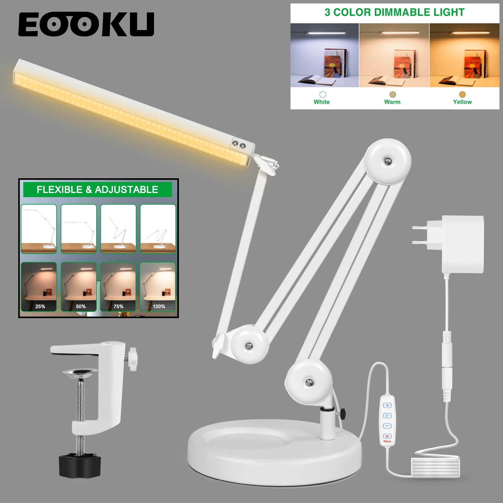 Lampada da tavolo EOOKU EU/US 12V con Clip per Home Office 24W dimmerabile lampada da lettura per la cura degli occhi con supporto per studio di lavoro lettura