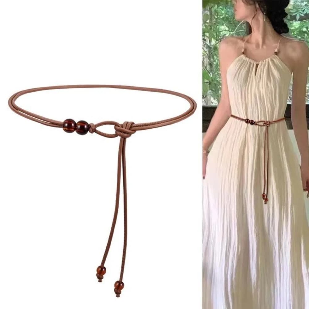 with Beaded Adjustable Slim Belt Casual Thin Knot Waist Belt Luxury Design Vintage Leather Rope Belt