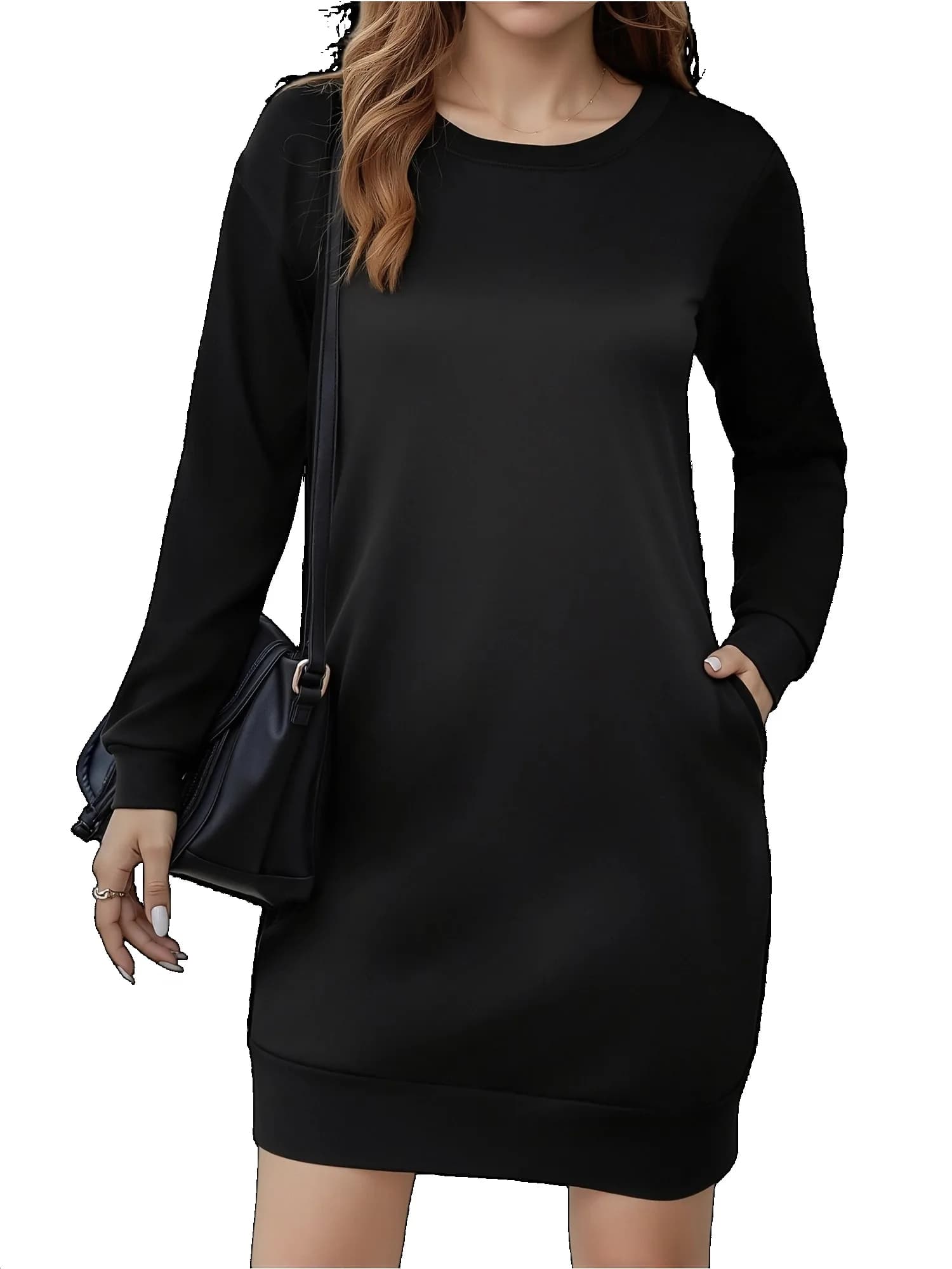 Abito Oversize in Felpa con Tasche, Vestito Mini Casual Nero a Maniche Lunghe, Abito con Cappuccio Y2K Streetwear per Donna