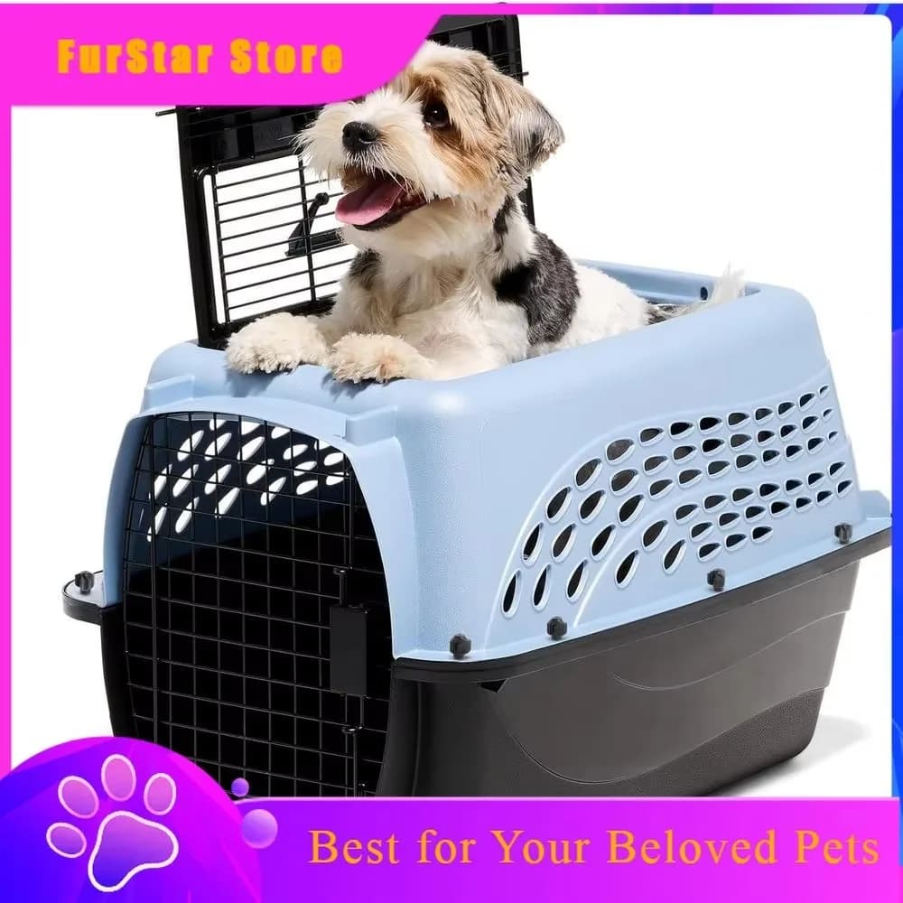 FurStarDog Crates For Small Dogs & Cat Carriers, Two-Door Plastic Pet Kennel, Top & Front Loading, Made In USA, 24", Blue