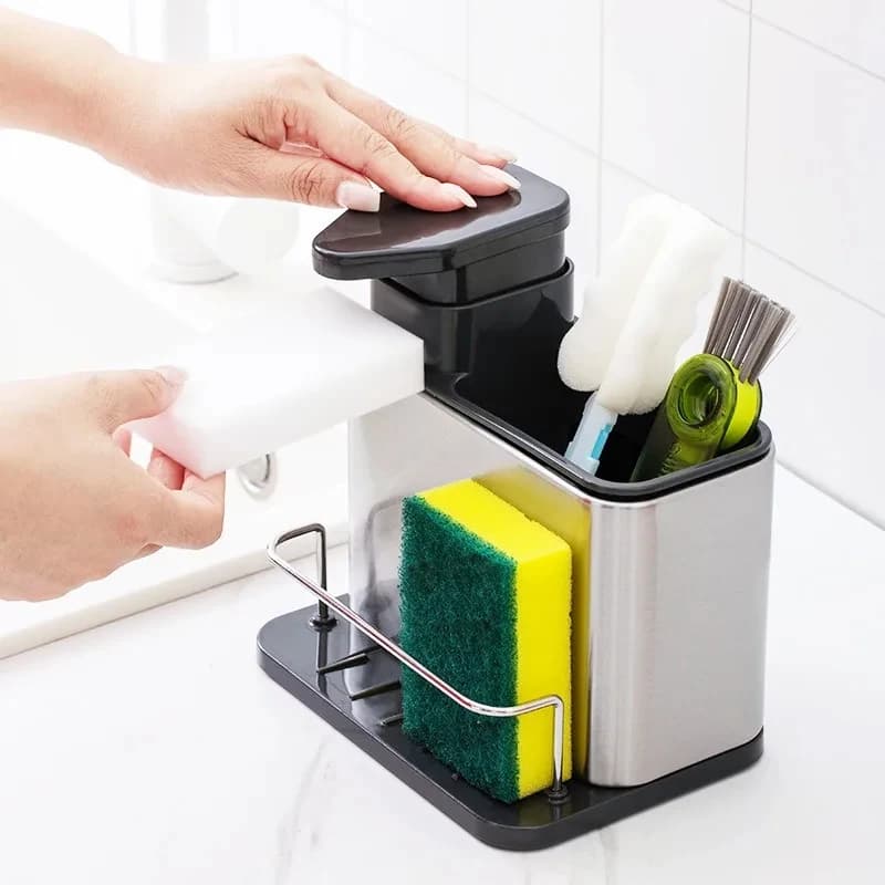Organizzatore 3-in-1 in Acciaio Inox per Lavello: Dispenser Sapone, Porta Spugna e Scolapiatti Salvaspazio