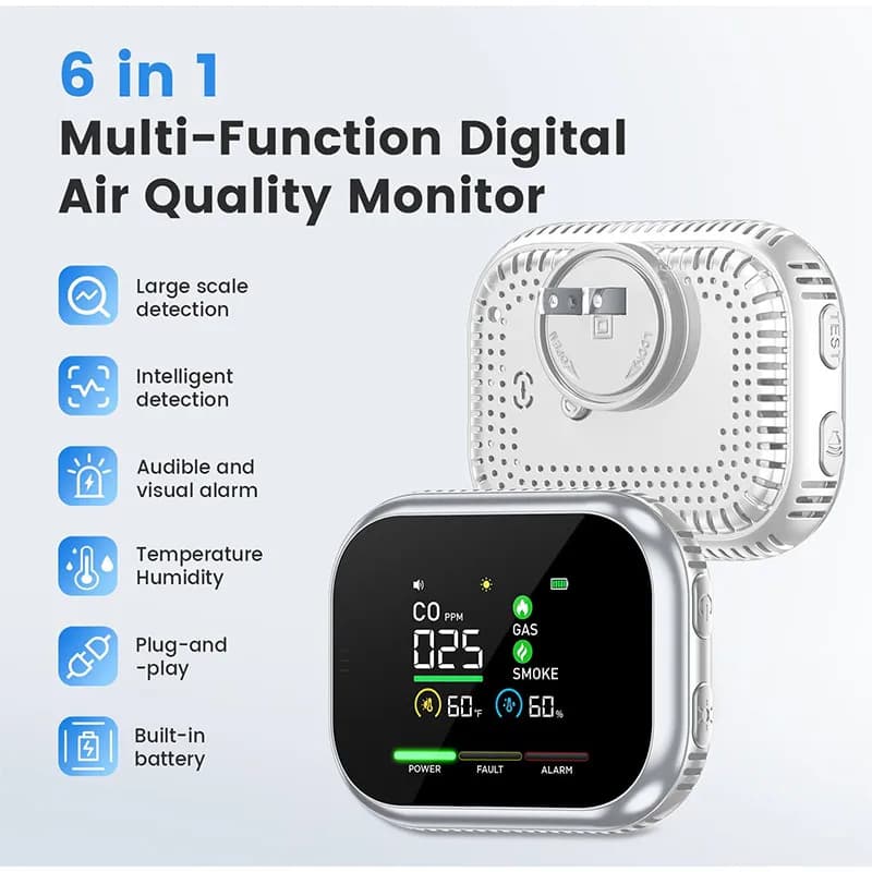 6 In 1 LCD Display Household Smoke And Gas Detector Direct Insertion Version Carbon Monoxide Detector US Plug For Home & Travel