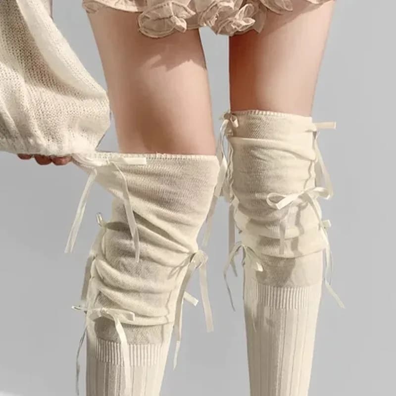 Long socks Lolita woman with ribbon bow, sexy medium tube stockings and sweets for girls, ballet style, solid color, black and white