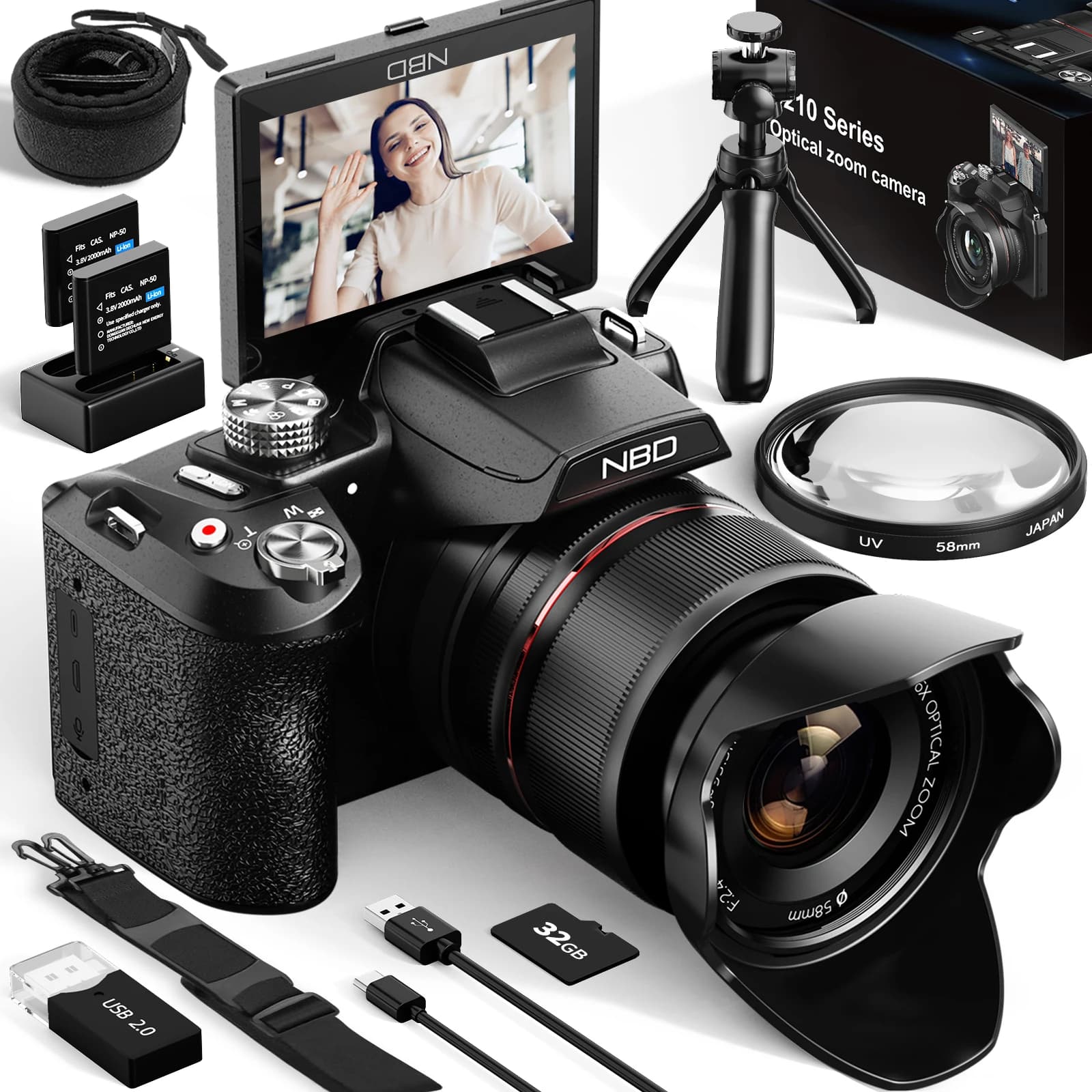 Fotocamere digitali NBD da 64 MP per fotografia, fotocamera con zoom ottico 16X con controllo WiFi e app, fotocamera per vlogging con 180 ° Scr ribaltabile