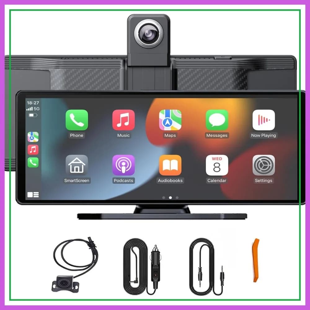 Schermo Wireless CarPlay e Android Auto da 10.26 pollici con Dash Cam 4K, Telecamera Posteriore 1080P, GPS, Controllo Vocale, Mirror Link