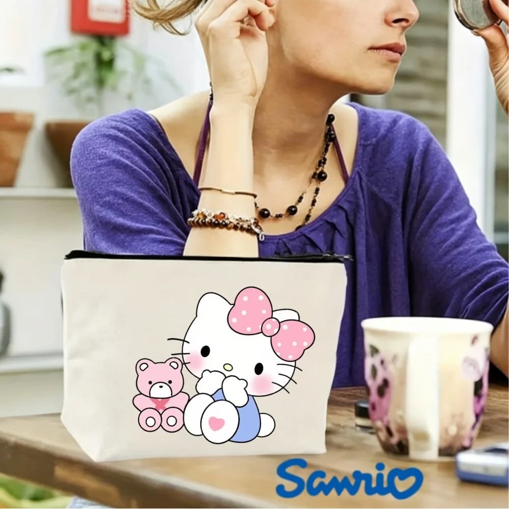 1PC Sanrio Hello Kitty con borsa per il trucco in tela con orsetto, custodia per cosmetici a doppia faccia