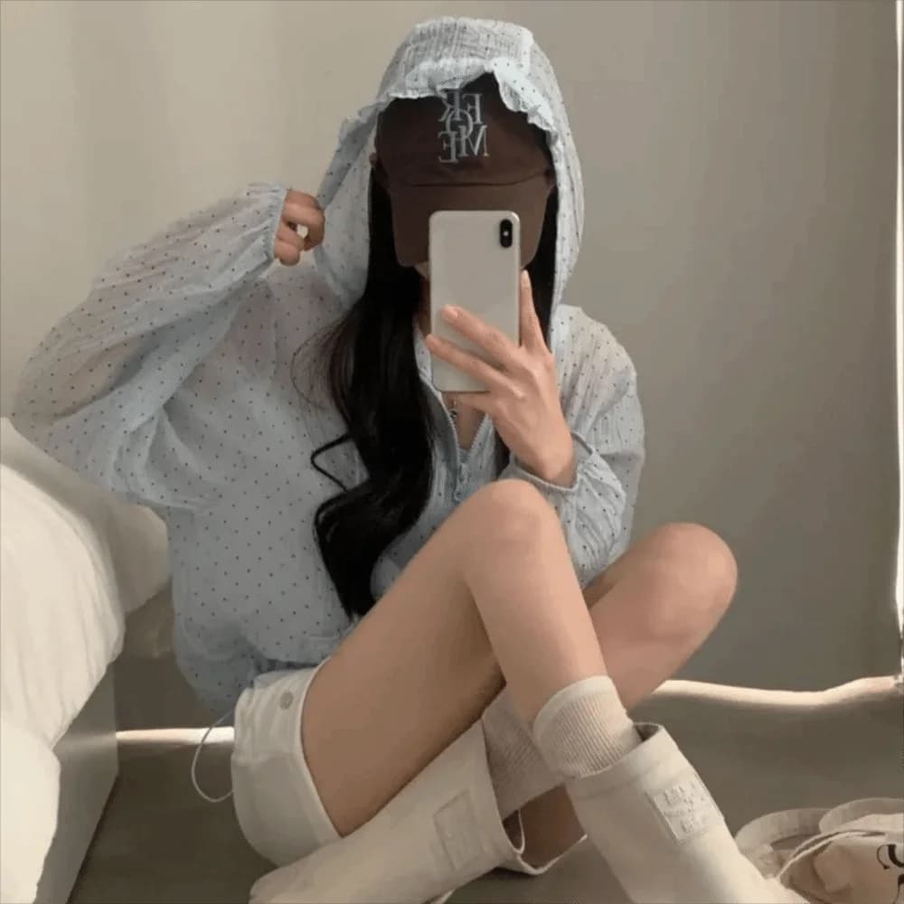 Casual Polka Dot Sun Protection Jacket Long Bubble Sleeve Thin Hooded Jacket Breathable Loose Fit Quick Dry Jacket