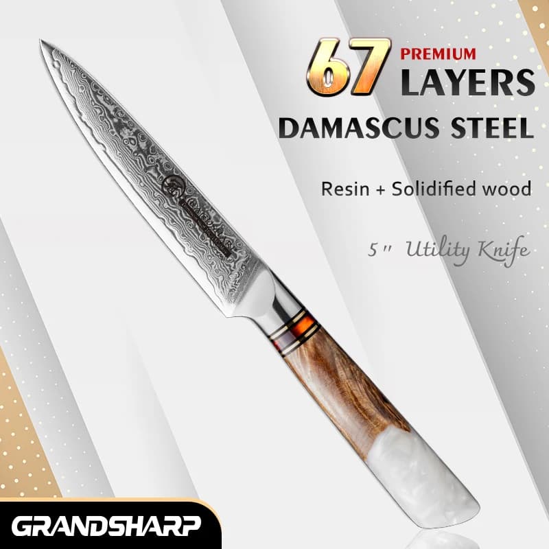 Coltello multiuso professionale da 5 pollici Grandsharp 67 strati coltello da cucina in acciaio damasco 10 cr15c0mov con confezione regalo con manico in resina bianca