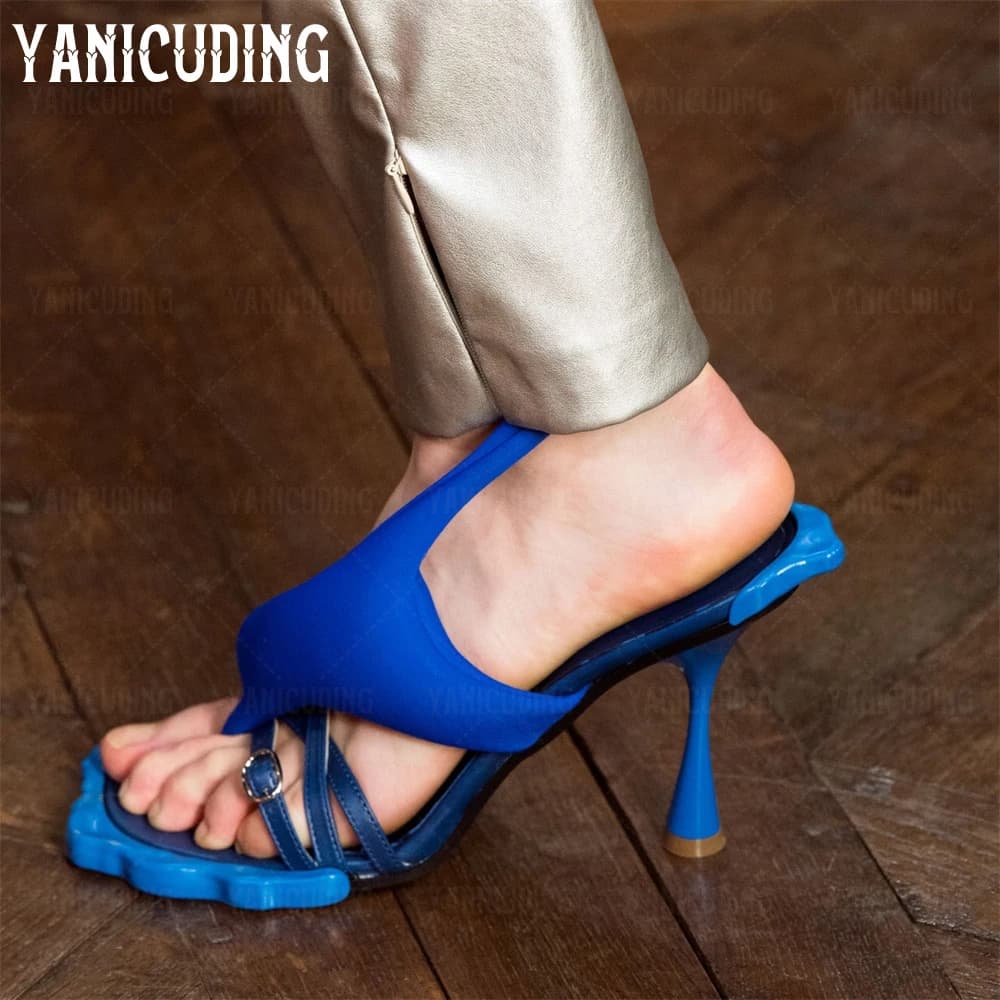 Flower Stiletto Sandals Sculptural Heel Thong Strap Summer Shoes Open Round Toe Pin Buckle Heels Wraparound Modified Stilettos