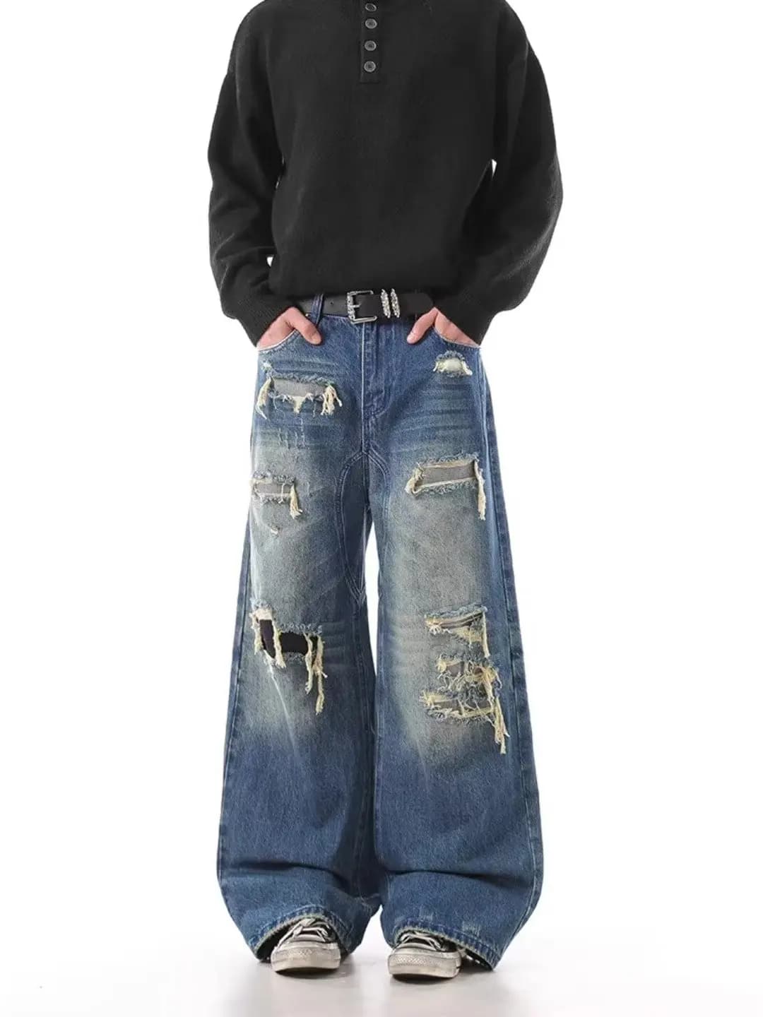 American Style High Waist Men's Jeans Summer New Loose Straight Leg Denim Pants with Hole Washed Cotton Polyester Blend