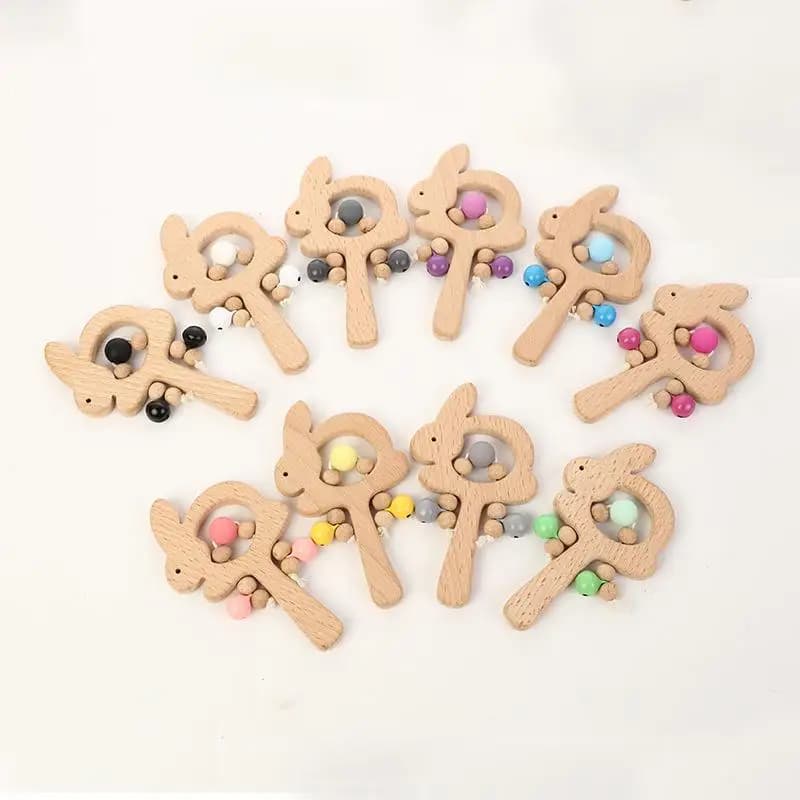 1PC fatto a mano in faggio animale mano dentizione anello di legno sonaglio di legno per bambini rende il suono accessori giocattolo educativo Montessori