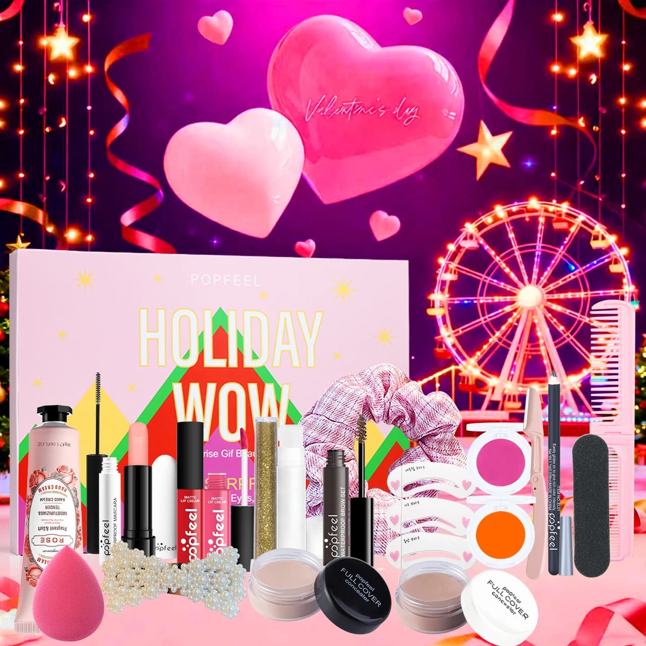 POPFEEL Calendario dell'Avvento Sorpresa con 20 Giorni di Conto alla Rovescia per le Vacanze, Set Regalo Cosmetico con Correttore, Rossetto, Blush, Mascara, Matita per Sopracciglia