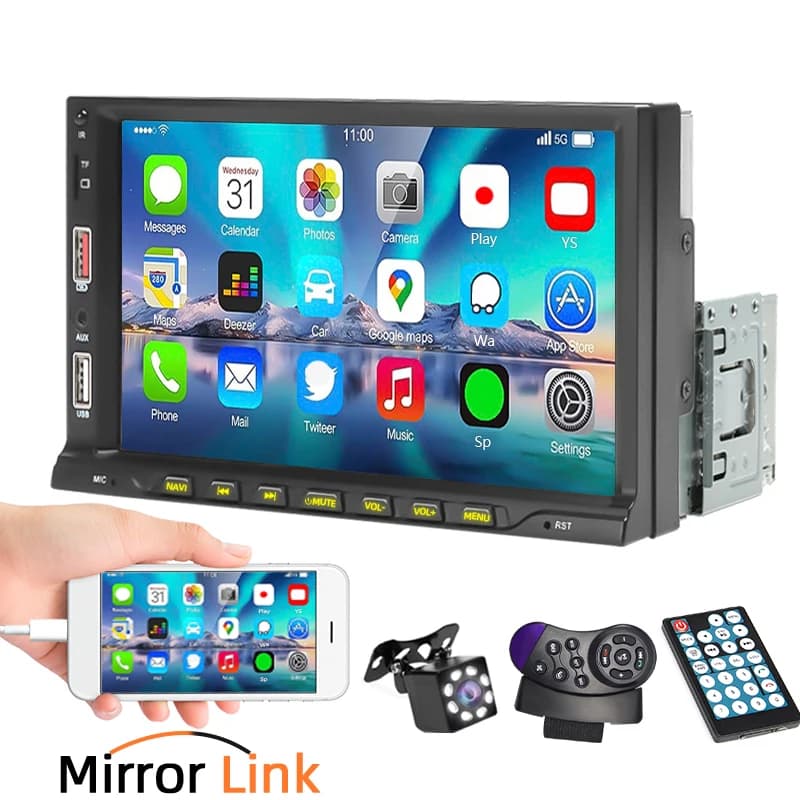 HIPPCRON Lettore MP5 per Auto da 7 Pollici con Carplay Cablato e Android Auto, Radio FM, Display HD per Auto, Accessori con Telecamera Posteriore Opzionale