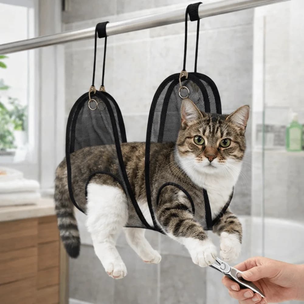 Borsa di Contenimento per Gatti Anti-Graffio, Sicura e Regolabile, con Ganci Anti-Morso per Toelettatura e Taglio del Pelo