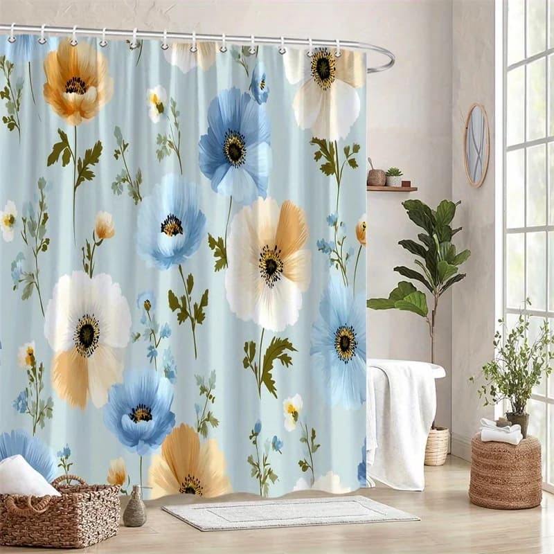 Tenda da doccia floreale con papavero azzurro e pesca da 1 pezzo - Tessuto in poliestere, lavabile in lavatrice, adatta per la decorazione del bagno