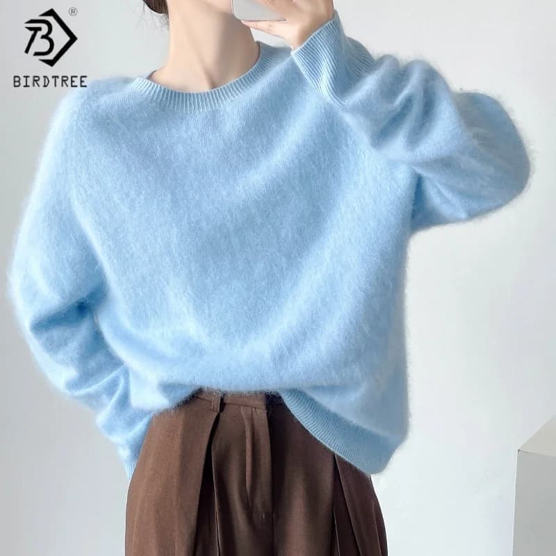Birdtree, maglione lavorato a maglia in peluche di cashmere al 96.5% lana di pecora, maglieria da donna con scollo a O, pullover morbido autunnale 2025 T5O818JF