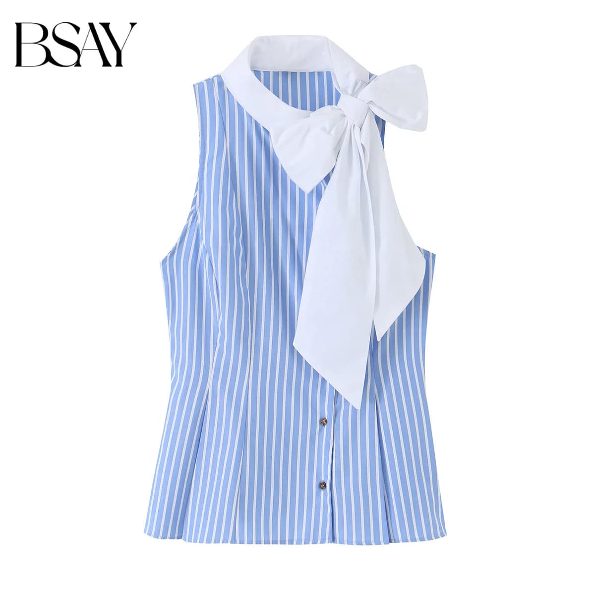 BSAY 2026 Summer Blue White Striped Halter Top Women's Bow Tie Neck Sleeveless Blouse Button Down Slim Fit Tank for Daily Office