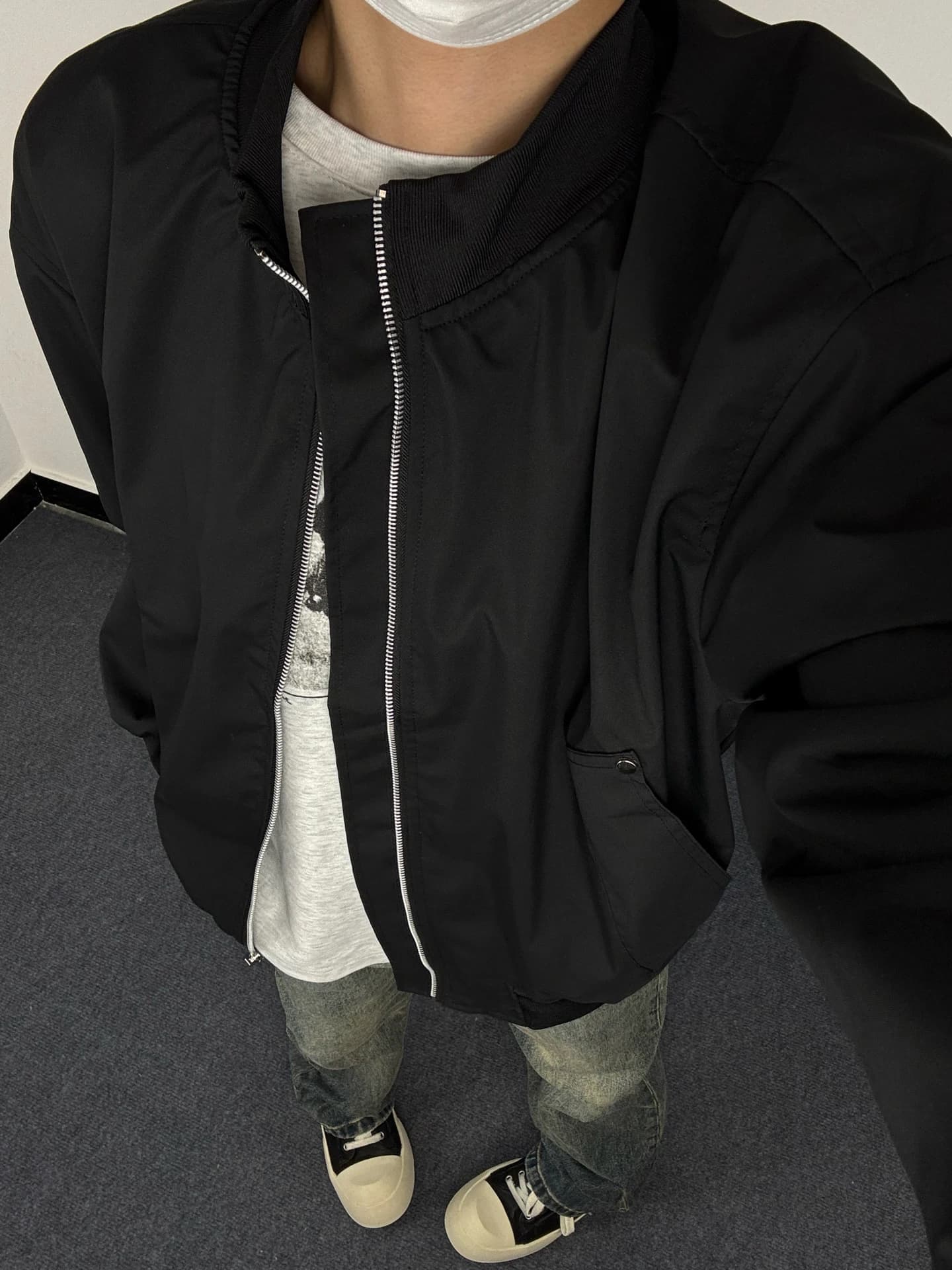 Black Stand Collar Flight Jacket Men's Short Style Baseball Coat Cleanfit Autumn Fashionable Casual Outerwear Zipper Closure