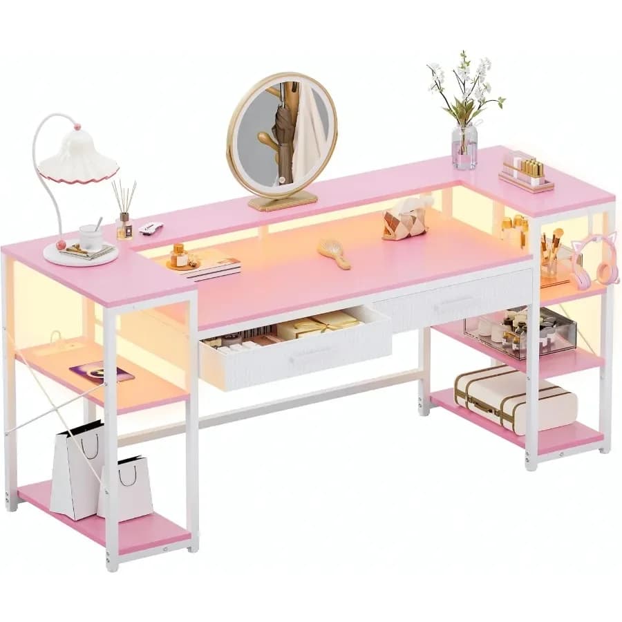 58 Inch Computer Desk with Monitor Stand and Shelves Gaming Desk with LED Lights Power Outlets PC Vanity Table with 2 Drawers f