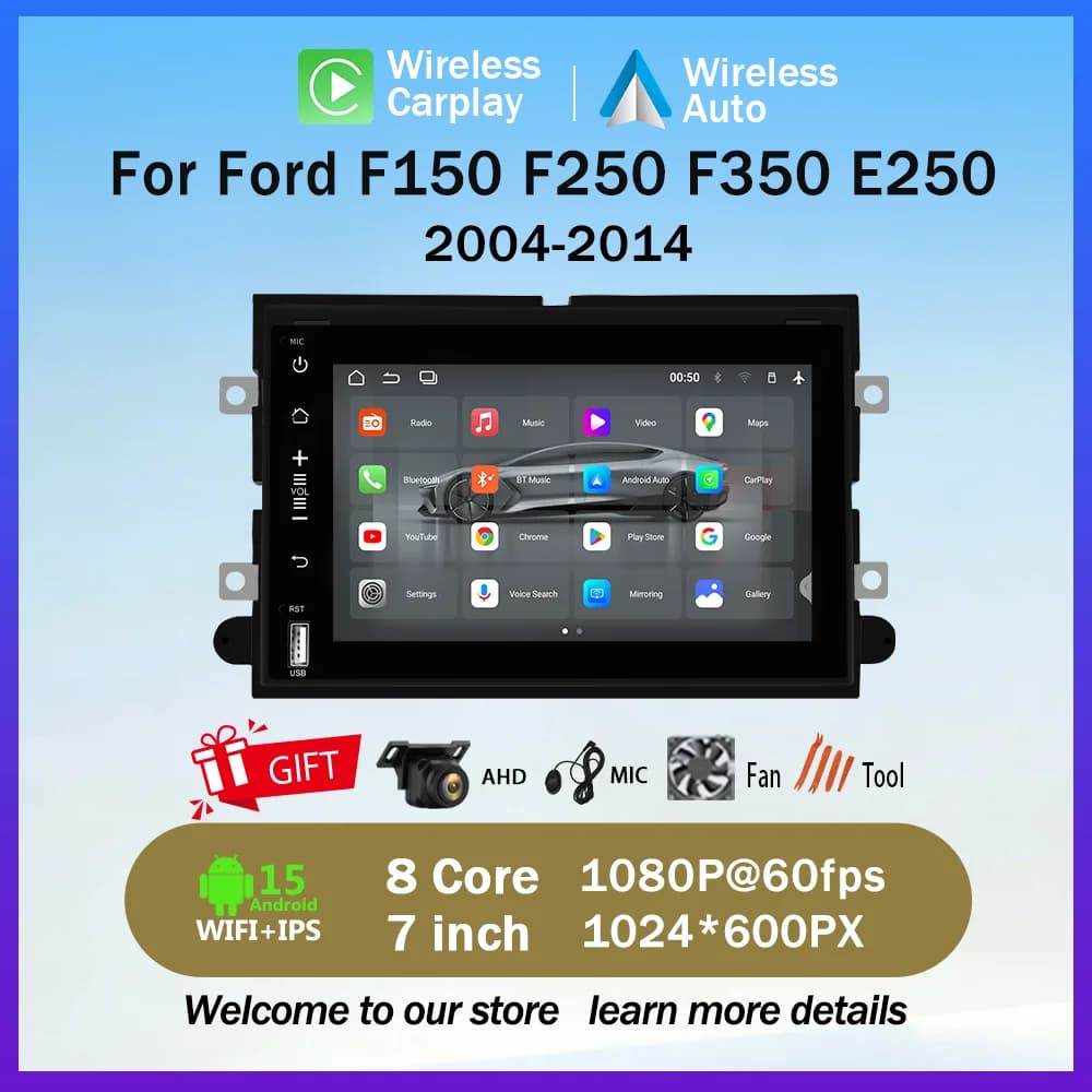 Sistema audio per auto Ford F150 da 7 pollici con Carplay wireless, lettore multimediale per auto con sistema Android, navigazione GPS e funzione Wi-Fi
