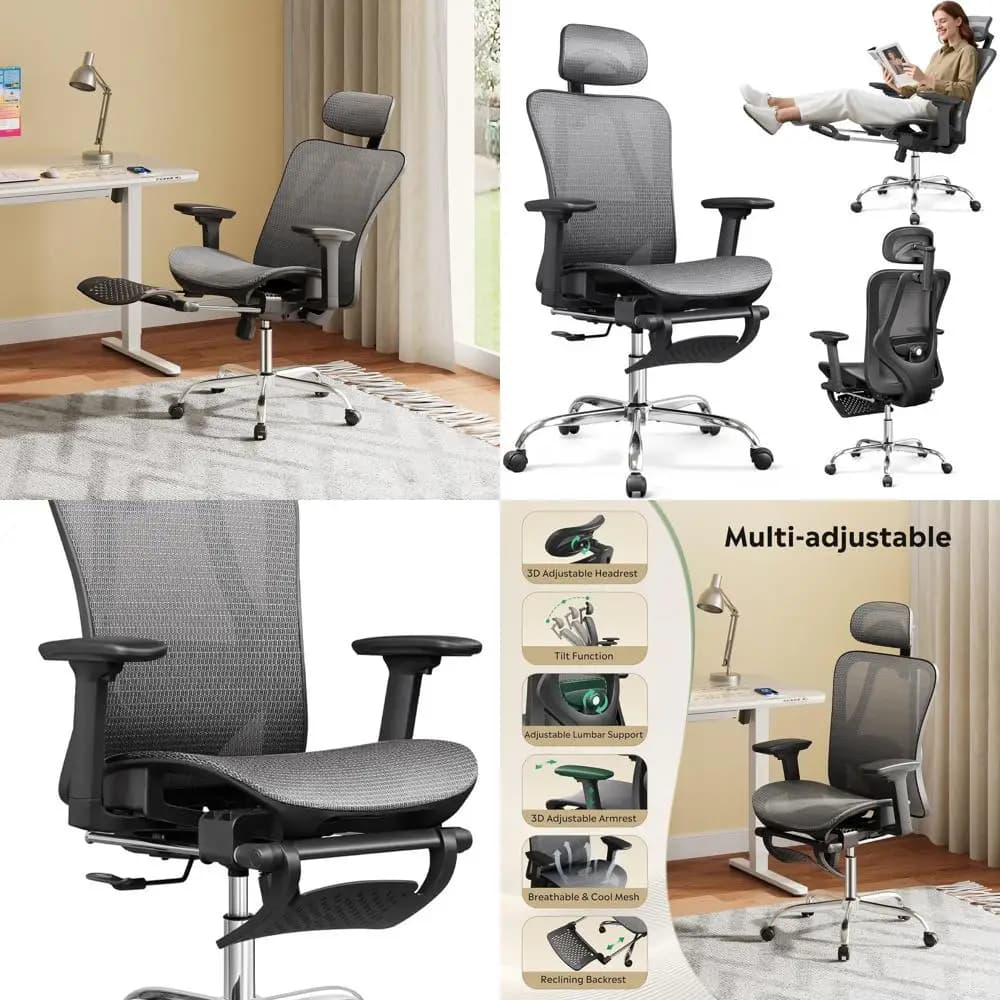 Sedia da Ufficio Ergonomica con Schienale Alto in Rete, Poggiapiedi Retrattile, Supporto Lombare Regolabile, Funzione di Inclinazione, Resistente, Pistone a Gas Classe 4