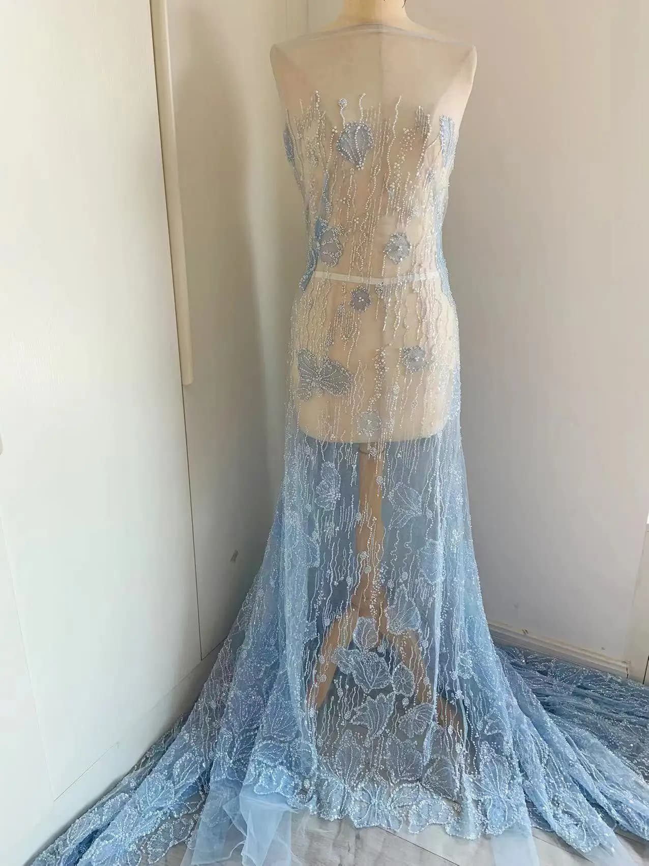 1 Yard Blue Heavy Seed Beads Sequined Tulle Lace Fabric for Off White Bridal Wedding Dress,Party Costume,Ball Gown Supplies