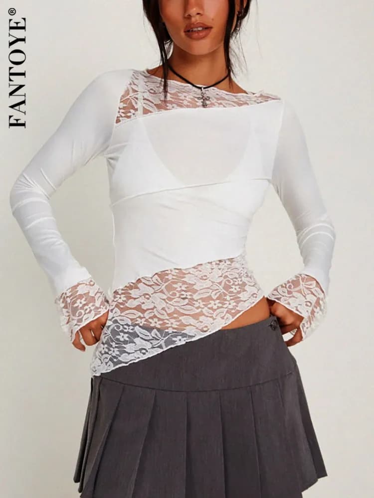 Fantoye Patchwork See Through Lace t-shirt donna t-shirt girocollo manica lunga bianca donna primavera Skinny ragazza piccante Streetwear