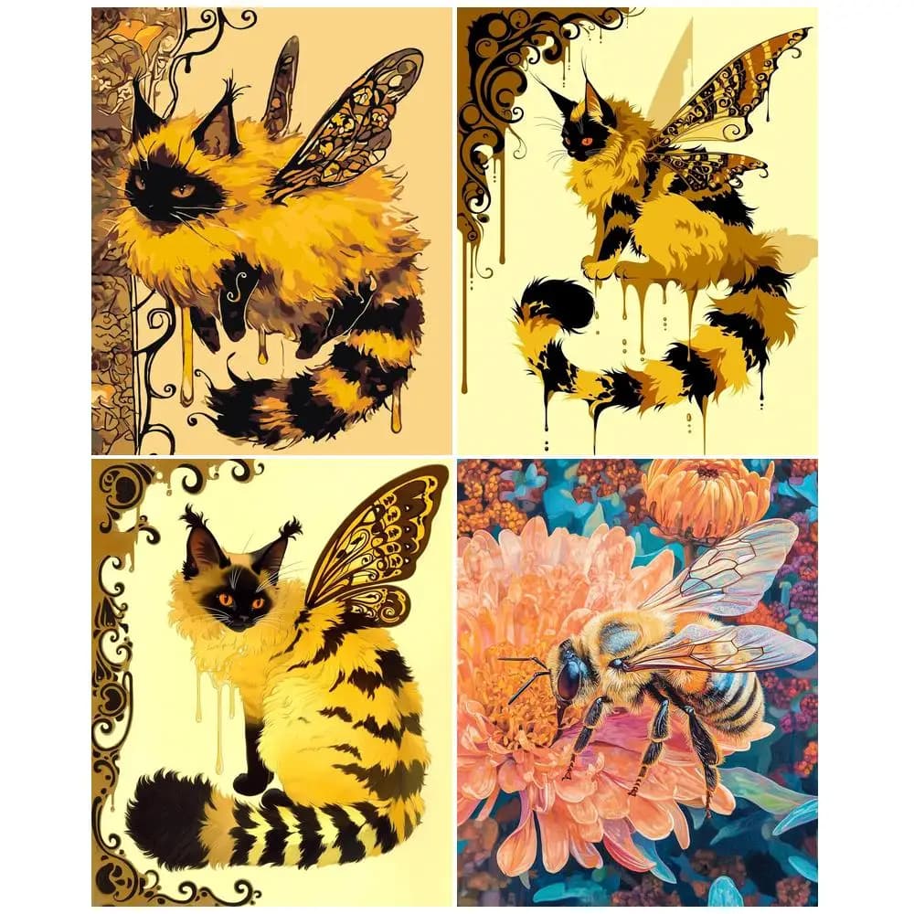 Bees Cats Paint By Numbers Kits Acrylic on Canvas Paints Animal for Adults Beginners Frameless Digital Oil Number Painting Kits