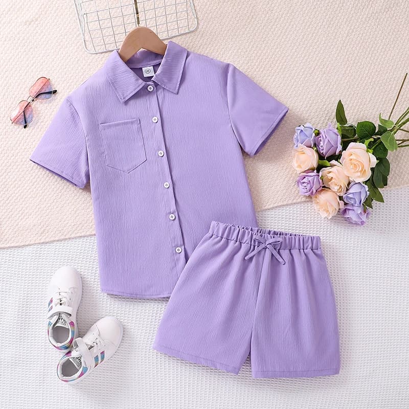Le nuove ragazze estive indossano camicia a maniche corte viola da 8-12 anni e pantaloncini elastici viola Abito casual coreano per ragazze