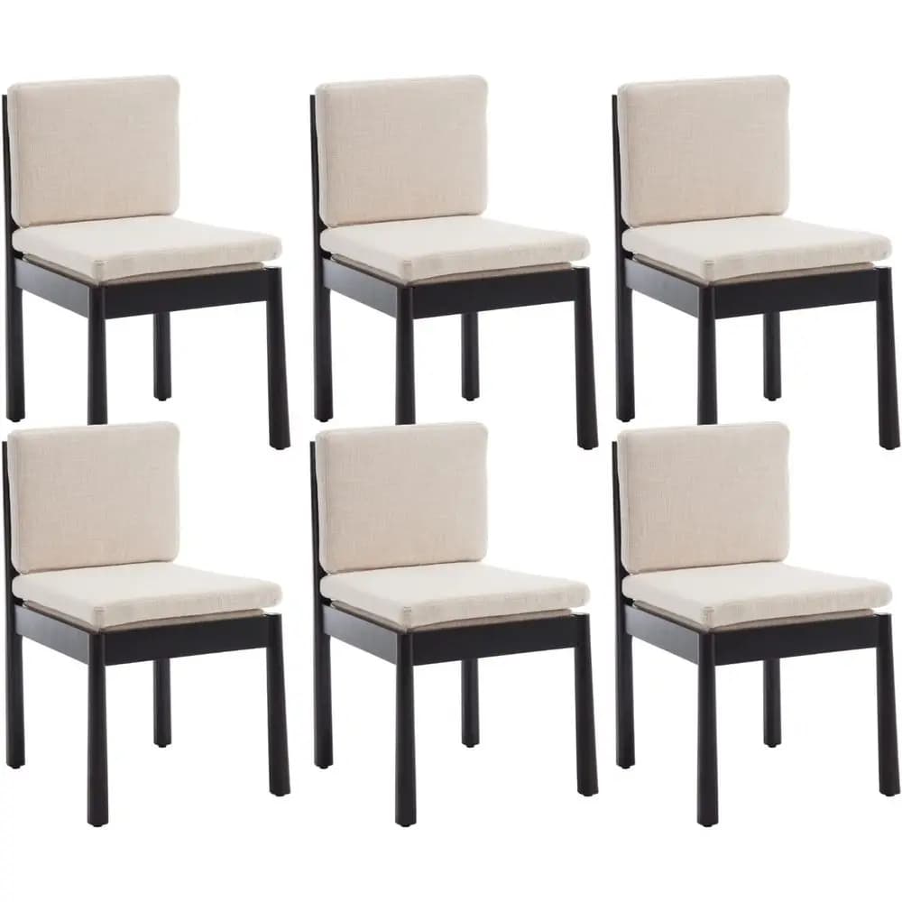 Set of 6 padded dining chairs - Black wood side chairs with Beige linen cushions Removable for kitchen/living room