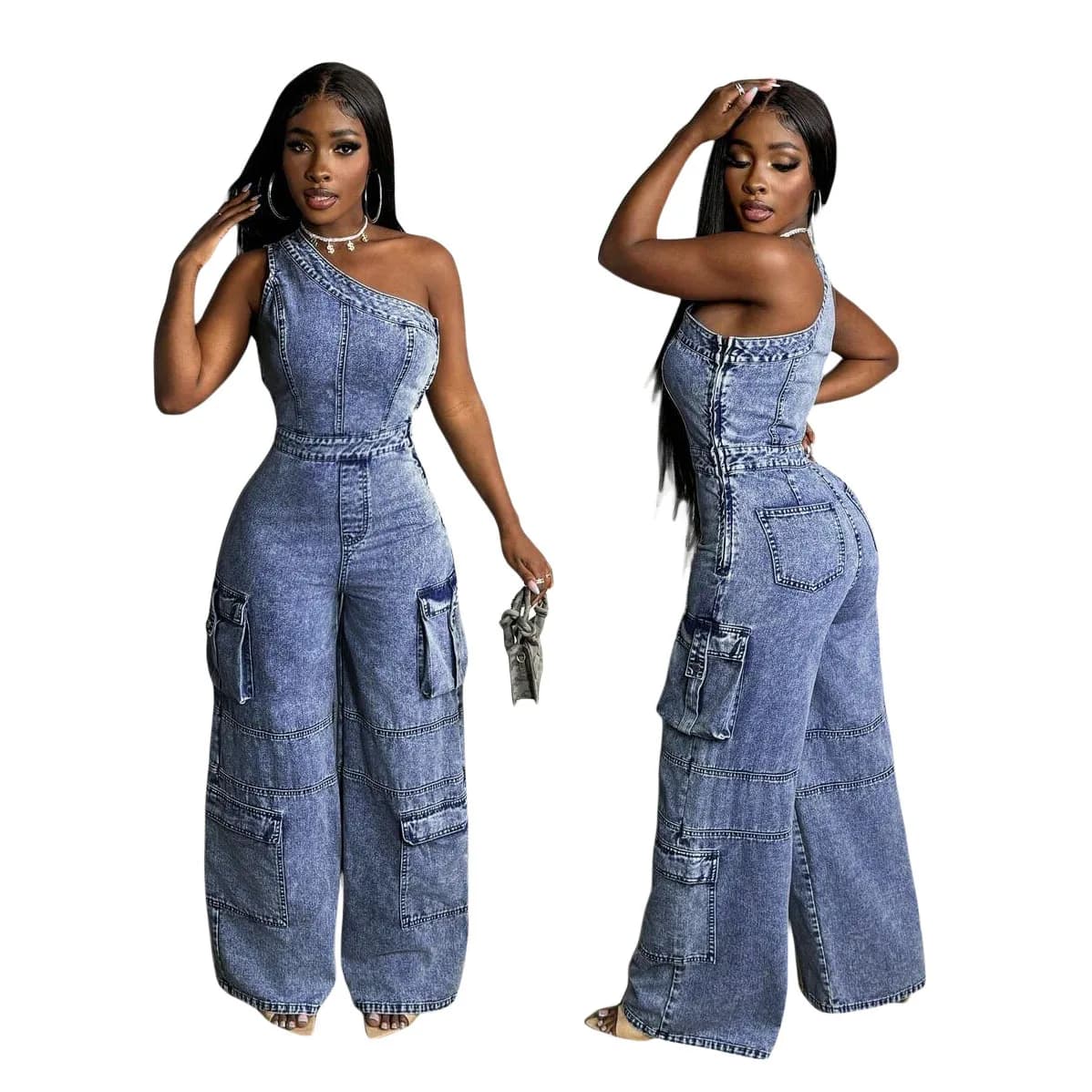 New Women's Suit in Jeans Cargo Monospalla a Vita Alta, Gamba Larga, Safari Style, with Inserts, Washed and Usured Effect, Pockets